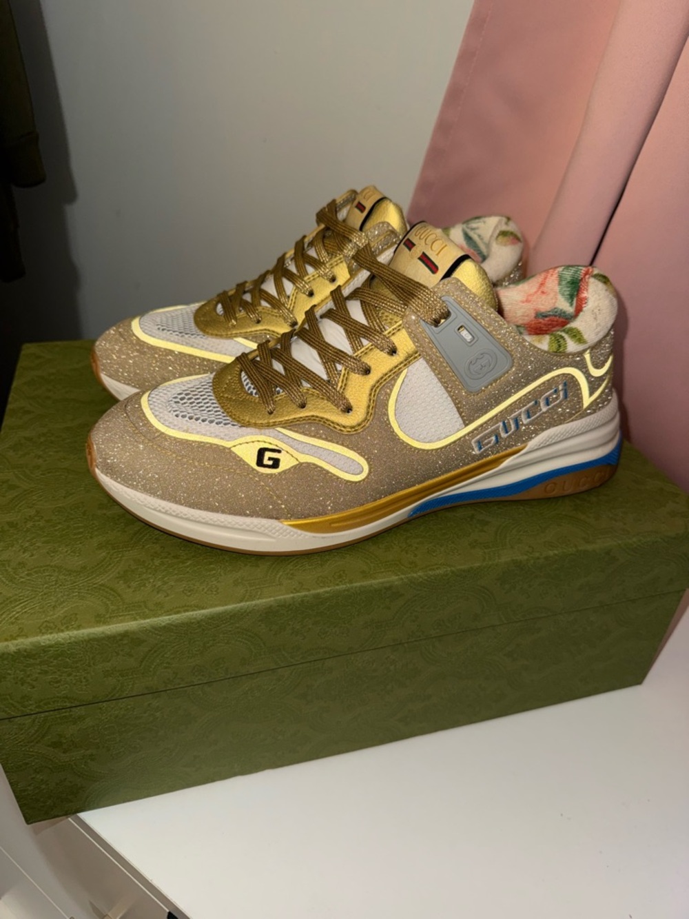 Gucci Gold Glitter and Yellow Accent Low-Top Sneakers - Picture 2 of 5